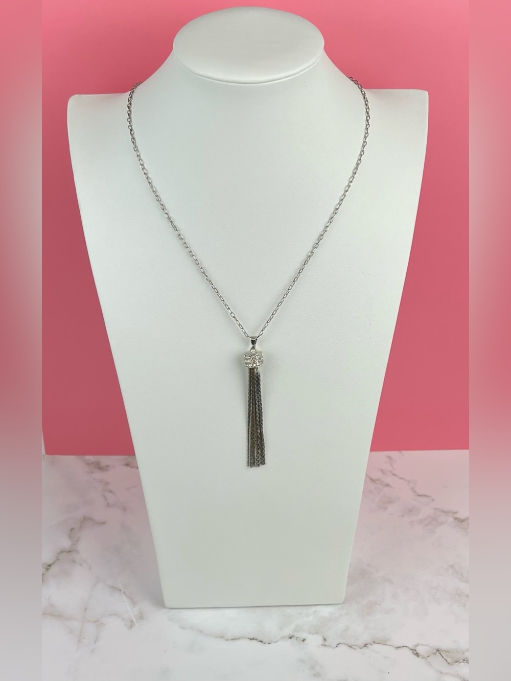 Jessica Simpson Crystal Pave Cap Liquid Metal Tassel Long Necklace